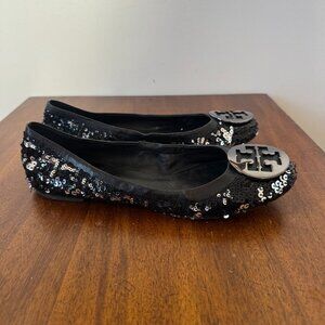 Tory Burch Reva Black Silver Sequined Ballet Flats